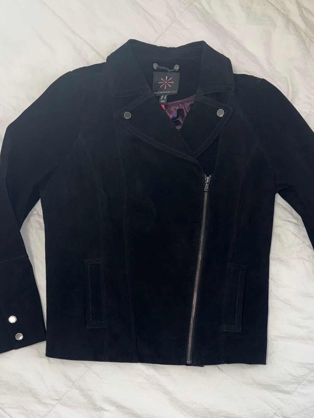 Isaac Mizrahi Live Black Genuine Suede Leather Moto Jacket Floral Lining Sz 10